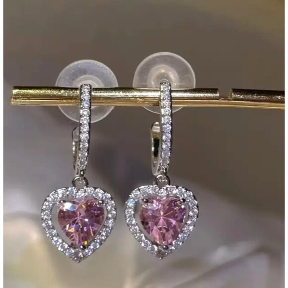 Heart-Shaped Pink Gemstone Drop Earrings With Pave-Set CZ & Silver‎ Tone - Picture 2 of 4
